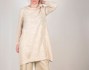 Embroidered Viscose/Linen Tunic Dress, Sand Color, Two Pockets, Collar, Loose, Relaxed, Baggy Jumper, Long Sleeve