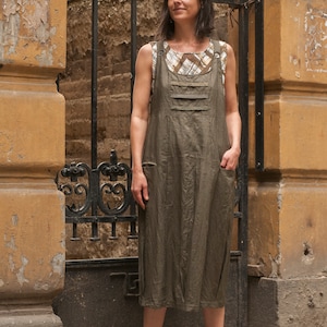 Linen Patchwork Pinafore Dress, Pockets, Sleeveless, Long, Below Knee Length, Loose Fit, Relaxed, Baggy Jumper image 1