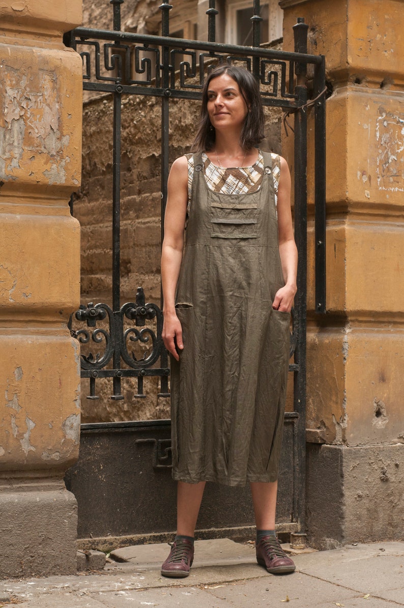 Linen Patchwork Pinafore Dress, Pockets, Sleeveless, Long, Below Knee Length, Loose Fit, Relaxed, Baggy Jumper image 1