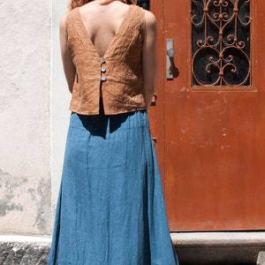 Linen Sleeveless Top, Linen Shirt, Patchwork Elements, Summer Top, Loose Fit, Relaxed, Nacre Mother-of-pearls Buttons on Back image 4