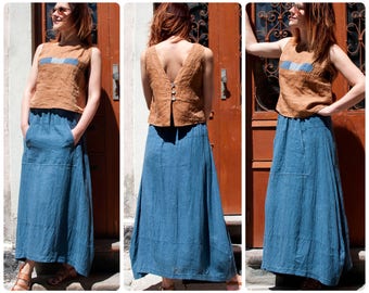 Long Linen Skirt, Elastic Waistband, One Big Front Pocket, Loose Fit, Boho Skirt, Wide Flare