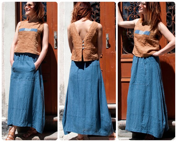 Long Linen Skirt Elastic Waistband One Big Front Pocket Loose Fit Boho Skirt Wide Flare Etsy UK