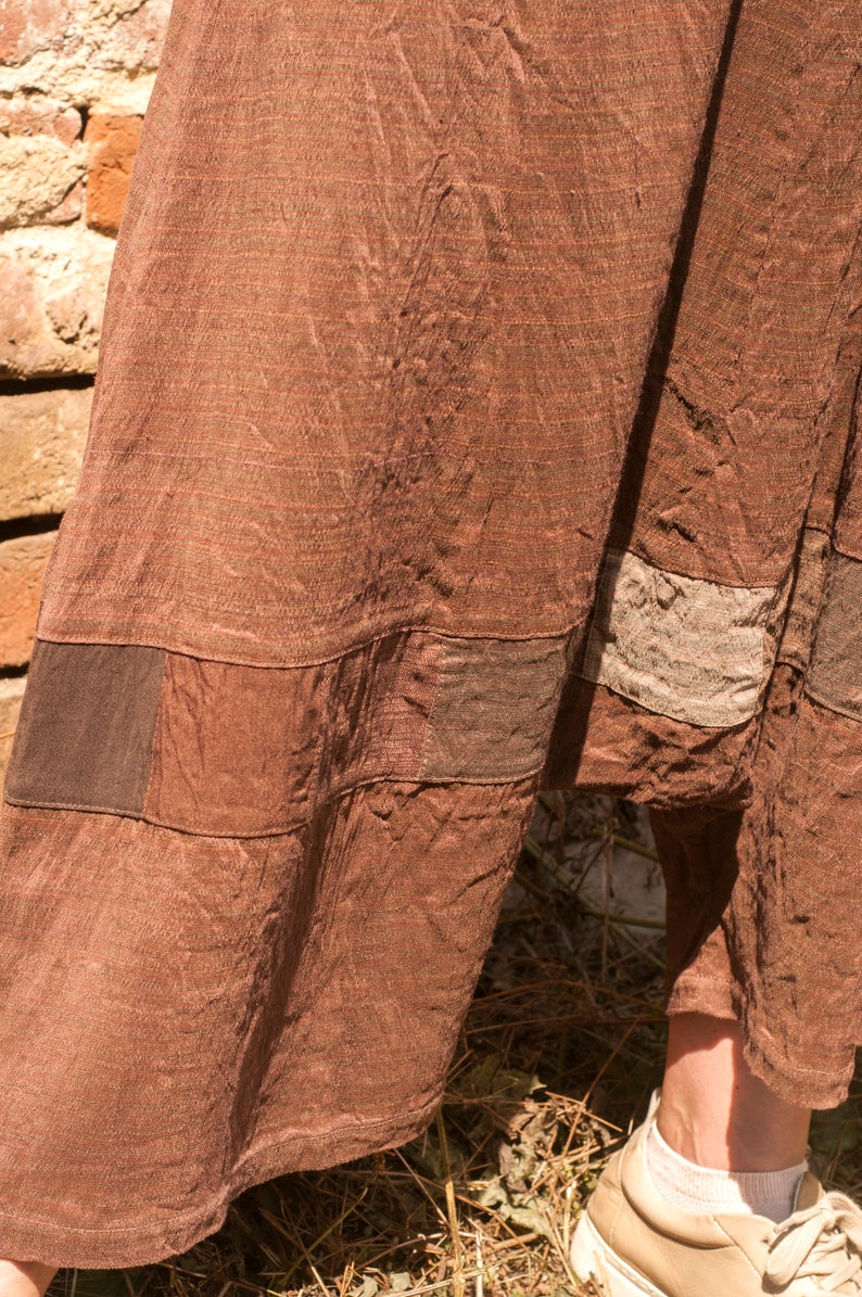 Unique Woman's Linen/Silk Drop Crotch Pants, Brown Chocolate Color, Patchwork Linen/Silk Pants, Patchwork Elements, Deep Pants, Baggy image 6