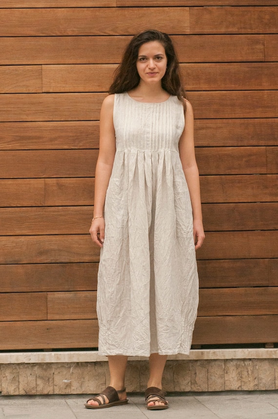 Pleated Linen Maxi Dress - Sleeveless Summer A-Line, Soft Flowing Silhouette, Fine Hand-Pleated Bodice, Natural Prewashed Linen
