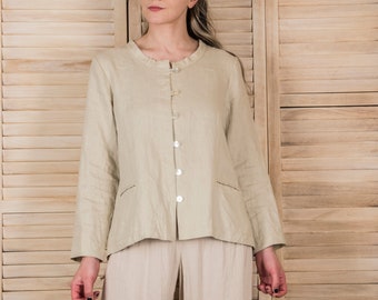 Long Sleeve Linen Blouse, Two Pockets, Nacre Buttons, Linen Shirt, Linen Top, Loose Fit, Relaxed