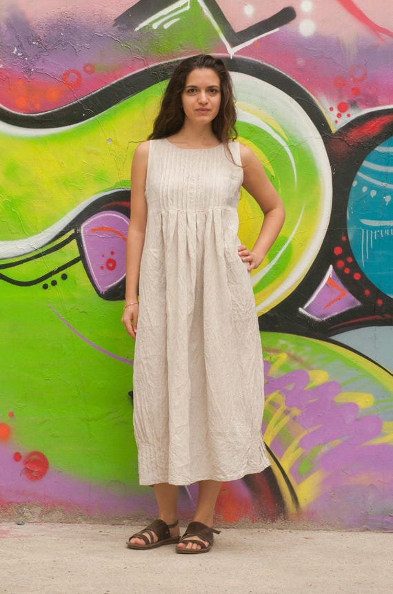 Pleated Linen Maxi Dress – Sleeveless Summer A-line, Soft Flowing  Silhouette, Fine Hand-pleated Bodice, Natural Prewashed Linen