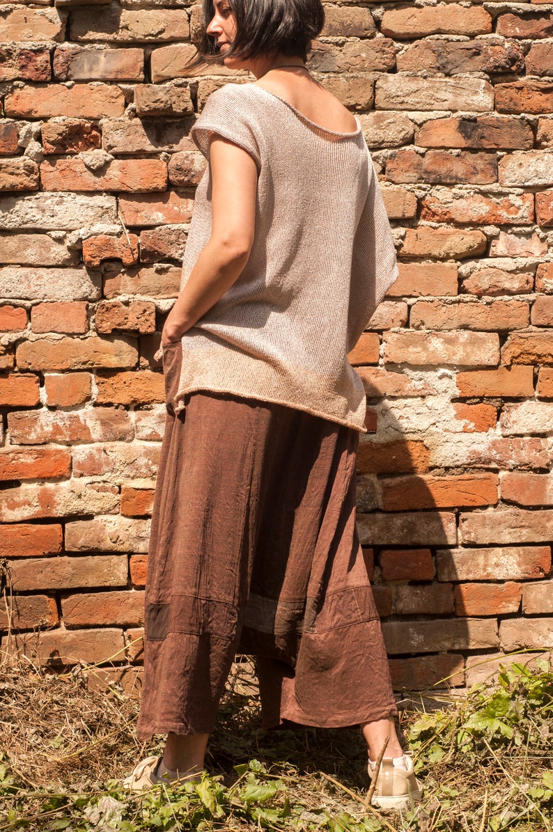 Unique Woman's Linen/Silk Drop Crotch Pants, Brown Chocolate Color, Patchwork Linen/Silk Pants, Patchwork Elements, Deep Pants, Baggy image 3