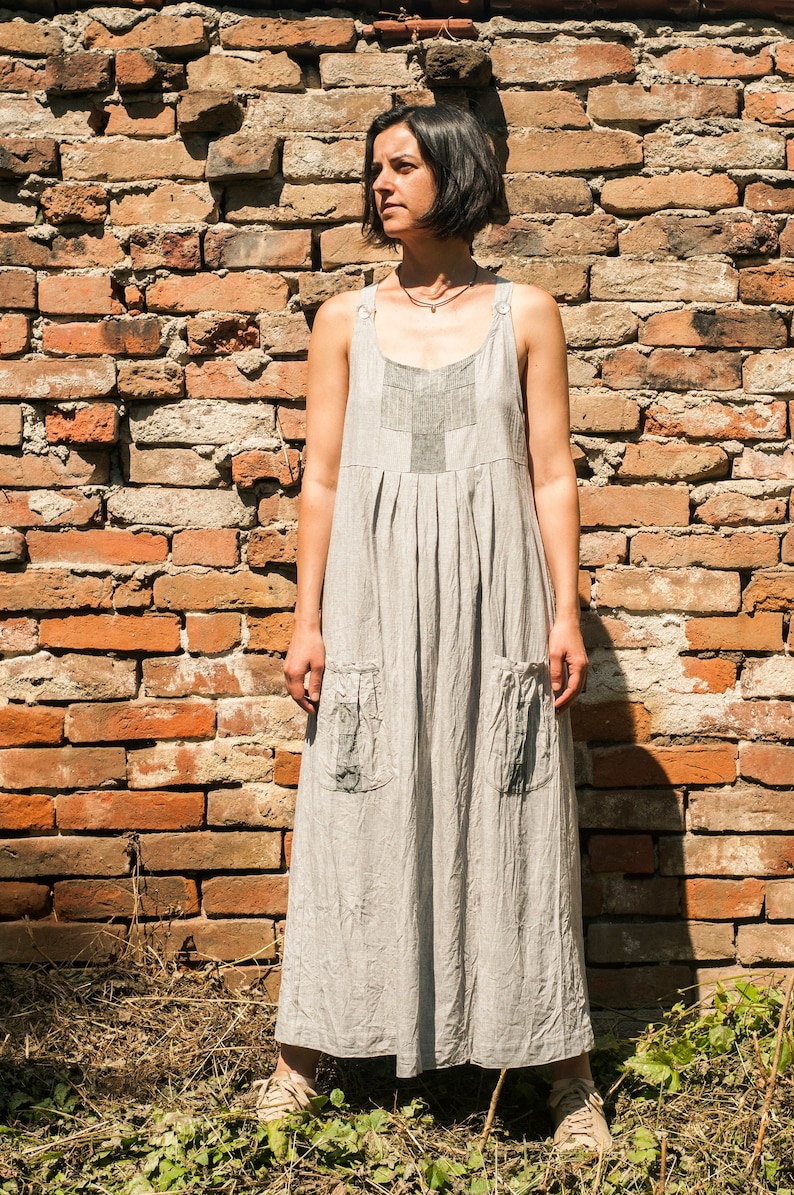 Linen Patchwork Pinafore Dress, High Waist, Two Big Pockets, Sleeveless, Long, Pleated, Maxi, Over-sized, Loose, Baggy image 1