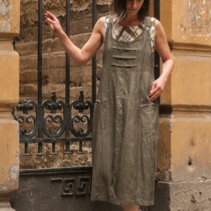 Linen Patchwork Pinafore Dress, Pockets, Sleeveless, Long, Below Knee Length, Loose Fit, Relaxed, Baggy Jumper image 3