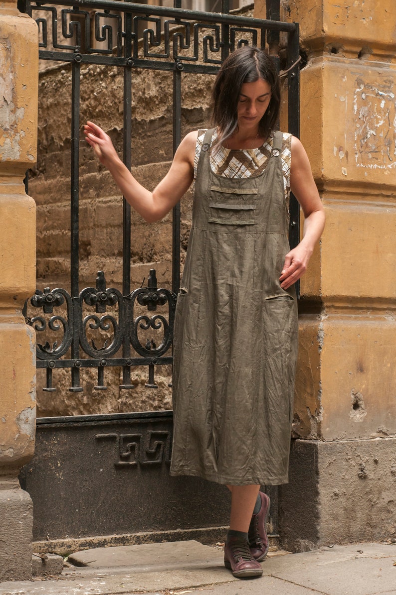 Linen Patchwork Pinafore Dress, Pockets, Sleeveless, Long, Below Knee Length, Loose Fit, Relaxed, Baggy Jumper image 3