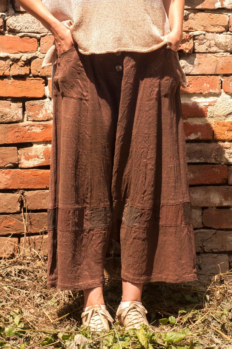 Unique Woman's Linen/Silk Drop Crotch Pants, Brown Chocolate Color, Patchwork Linen/Silk Pants, Patchwork Elements, Deep Pants, Baggy image 5