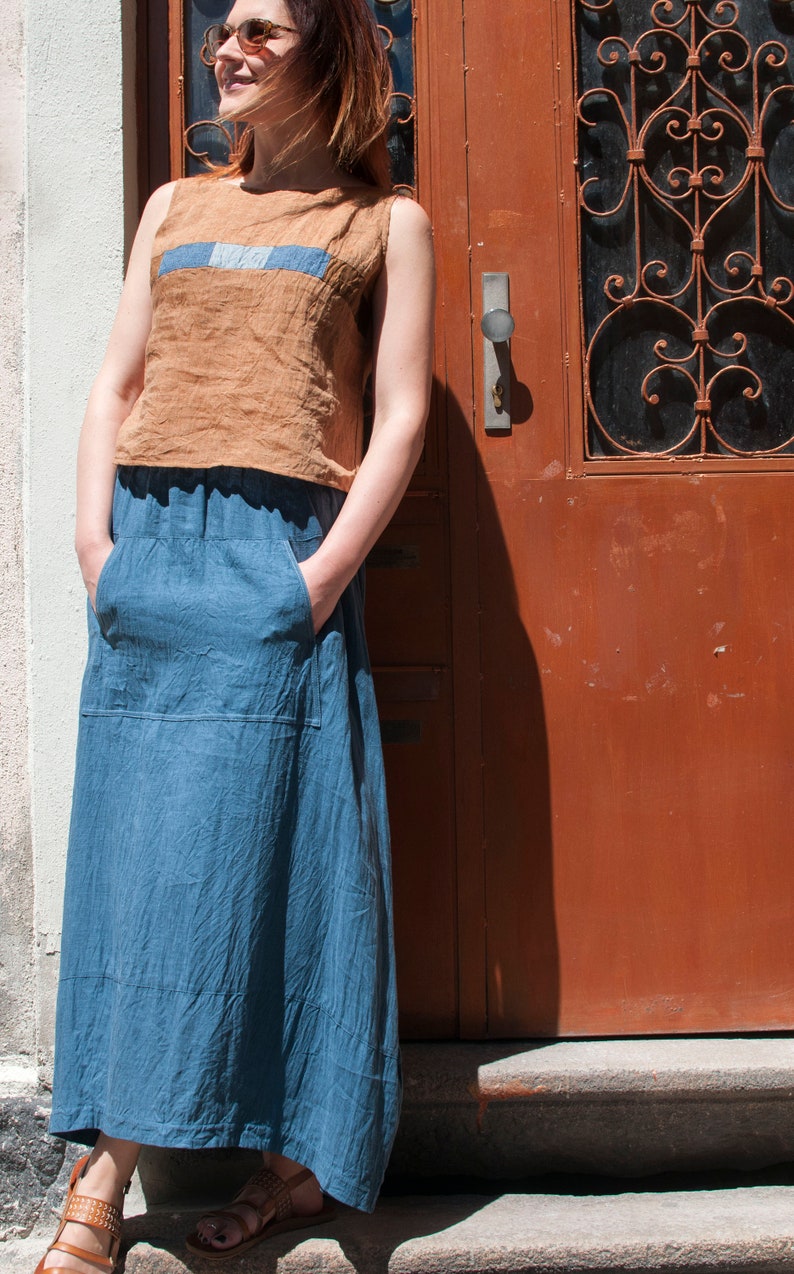 Linen Sleeveless Top, Linen Shirt, Patchwork Elements, Summer Top, Loose Fit, Relaxed, Nacre Mother-of-pearls Buttons on Back image 3