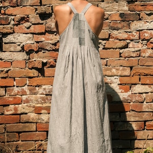 Linen Patchwork Pinafore Dress, High Waist, Two Big Pockets, Sleeveless, Long, Pleated, Maxi, Over-sized, Loose, Baggy image 3