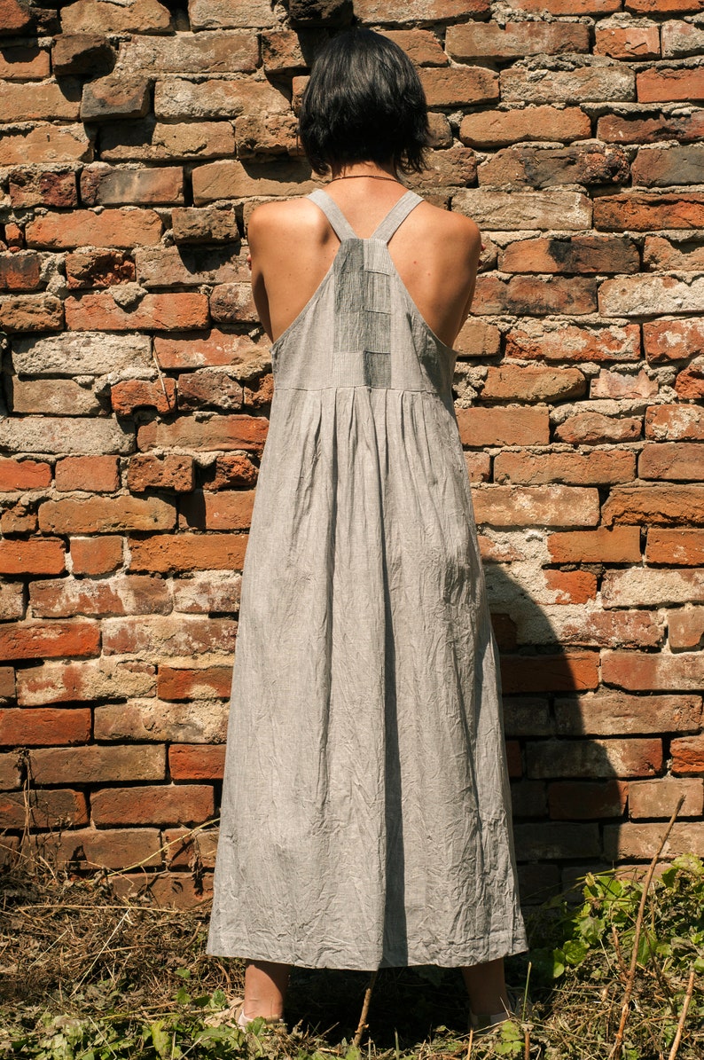 Linen Patchwork Pinafore Dress, High Waist, Two Big Pockets, Sleeveless, Long, Pleated, Maxi, Over-sized, Loose, Baggy image 3