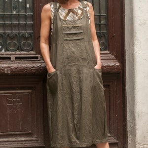 Linen Patchwork Pinafore Dress, Pockets, Sleeveless, Long, Below Knee Length, Loose Fit, Relaxed, Baggy Jumper image 4