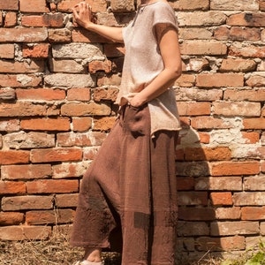 Unique Woman's Linen/Silk Drop Crotch Pants, Brown Chocolate Color, Patchwork Linen/Silk Pants, Patchwork Elements, Deep Pants, Baggy image 2