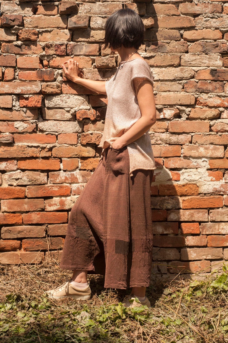 Unique Woman's Linen/Silk Drop Crotch Pants, Brown Chocolate Color, Patchwork Linen/Silk Pants, Patchwork Elements, Deep Pants, Baggy image 2