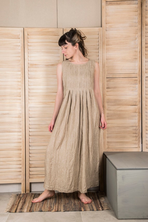 Linen Maxi Dress - Sleeveless Pleated Dress, Minimalist A-Line, Hidden Pockets