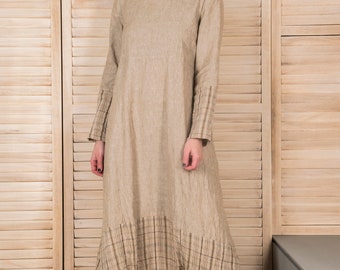 Long Linen Dress, High Waist, Sand Color, Two Side Pockets, Loose, Baggy Jumper, Plaid Bottom, Two Kind of Fabrics