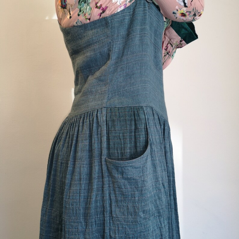 Long Maxi Pleated LinenSilk Blue Patchwork Pinafore Dress with Big Pockets Summer Dress Sleeveless