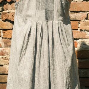 Linen Patchwork Pinafore Dress, High Waist, Two Big Pockets, Sleeveless, Long, Pleated, Maxi, Over-sized, Loose, Baggy image 6