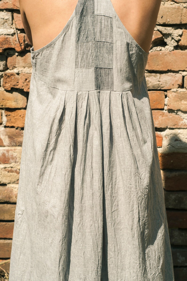 Linen Patchwork Pinafore Dress, High Waist, Two Big Pockets, Sleeveless, Long, Pleated, Maxi, Over-sized, Loose, Baggy image 6