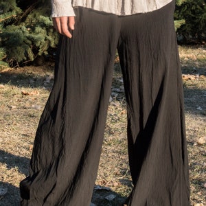 Pantalones holgados de viscosa/lino, pantalones largos, cinturilla elástica, dos bolsillos grandes, pantalones/pantalones anchos, relajados imagen 4