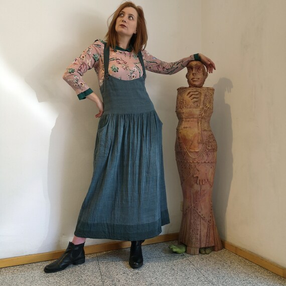 Linen silk Blue Patchwork Pinafore Dress Big Pockets Sleeveless
