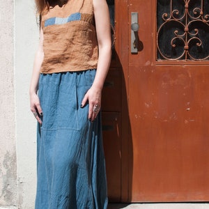 Linen Sleeveless Top, Linen Shirt, Patchwork Elements, Summer Top, Loose Fit, Relaxed, Nacre Mother-of-pearls Buttons on Back image 5