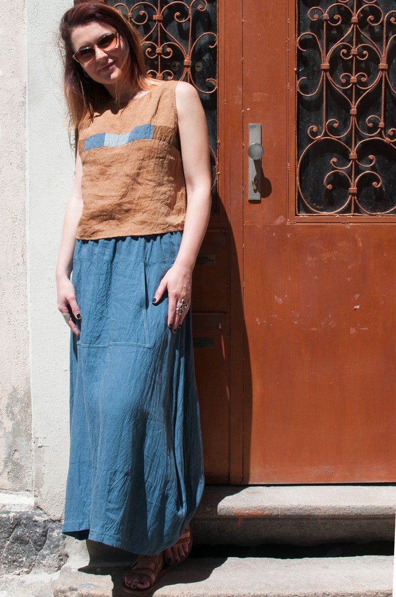 Linen Sleeveless Top, Linen Shirt, Patchwork Elements, Summer Top, Loose Fit, Relaxed, Nacre Mother-of-pearls Buttons on Back image 5