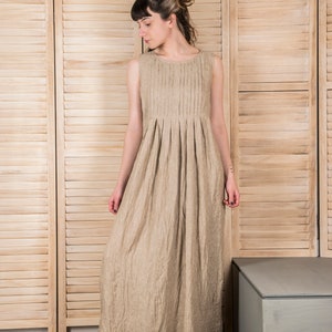 Linen Maxi Dress: Sleeveless Pleated Long Dress with Pockets