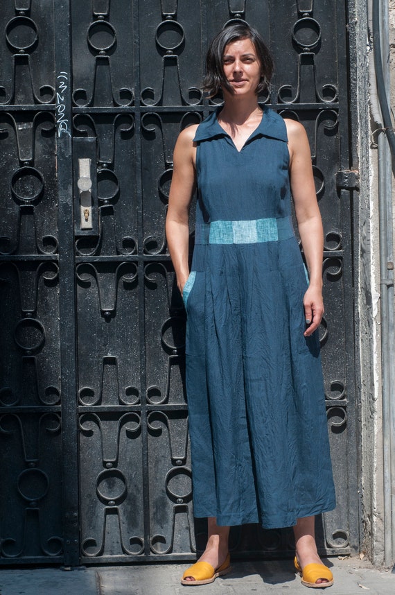 Linen V-neck Dress  High Waist Patchwork Panel, Relaxed A-line Fit, Deep  Pockets, Patchwork, Sleeveless Silhouette, Handmade to Order - Etsy