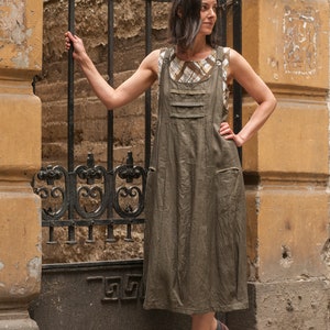 Linen Patchwork Pinafore Dress, Pockets, Sleeveless, Long, Below Knee Length, Loose Fit, Relaxed, Baggy Jumper image 2