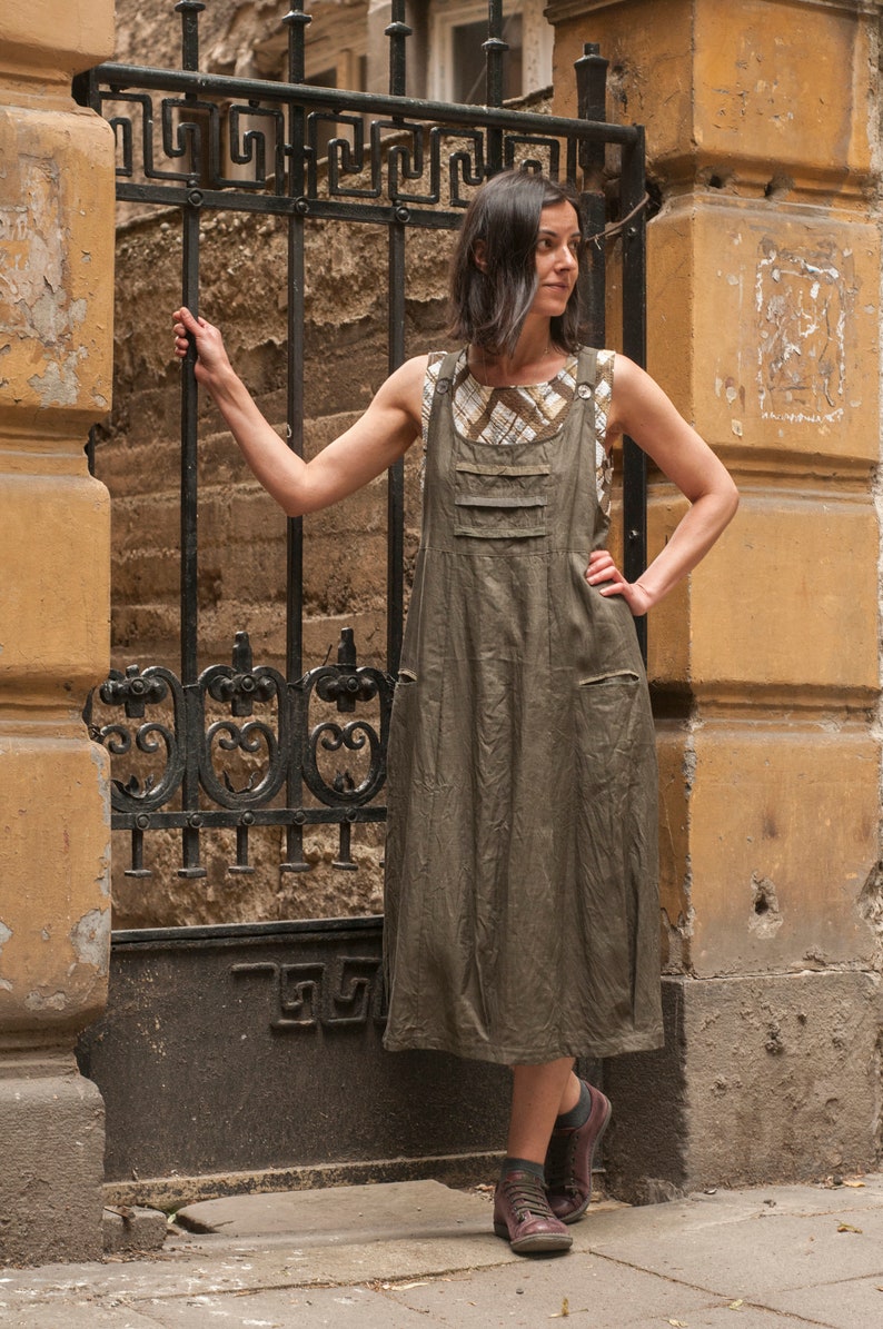 Linen Patchwork Pinafore Dress, Pockets, Sleeveless, Long, Below Knee Length, Loose Fit, Relaxed, Baggy Jumper image 2