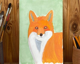 Primitive painting, fox art painting, naive painting, cute animal artwork, countryside, rustic, cottage, farmhouse, unique, one-of-a-kind