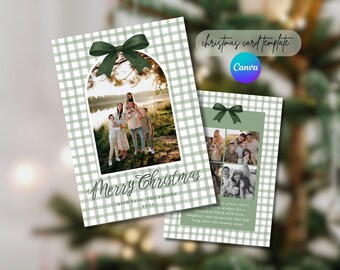 May include: Christmas card template with a family photo, featuring a green gingham pattern and a dark green bow. The card says "Merry Christmas" and includes the text "Christmas filled with love, laughter, and memories that last long after the season ends."