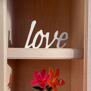 May include: A white script-style sign featuring the word love positioned on a light wood shelf. Below the shelf, a small vase holds two vibrant flowers, one in a bright pink hue and the other in a deep orange, with dark green leaves visible.