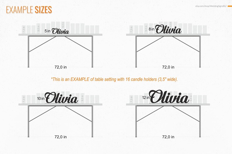 Four examples of table settings with a personalized name sign in different sizes: 5 inches, 8 inches, 10 inches, and 12 inches. The name sign says "Olivia". Each table is 72 inches long.