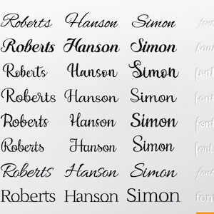Eight different font styles for the names Roberts, Hanson, and Simon. The names are written in black cursive script on a white background.