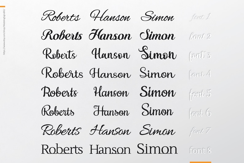 Eight different font styles for the names Roberts, Hanson, and Simon. The names are written in black cursive script on a white background.