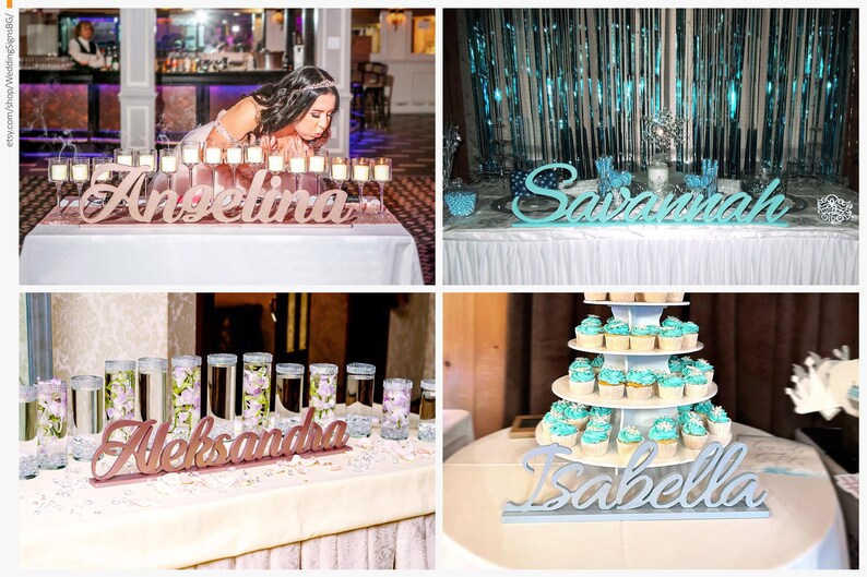 Multiple personalized name signs displayed at teal decorated Quinceañera party table, gift keepsakes