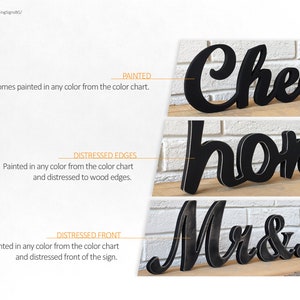 Puede incluir: Tres letreros de madera con las palabras "Cheers", "Home" y "Mr & Mrs" pintadas en negro. Los letreros est&aacute;n desgastados y tienen un efecto 3D.