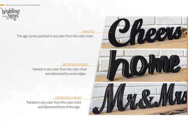 Puede incluir: Tres letreros de madera con las palabras "Cheers", "Home" y "Mr & Mrs" pintadas en negro. Los letreros est&aacute;n desgastados y tienen un efecto 3D.
