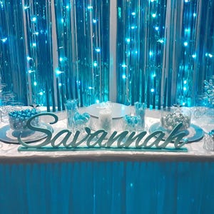 Custom wooden name sign in teal glitter finish with fairy lights, mis quince gift centerpiece