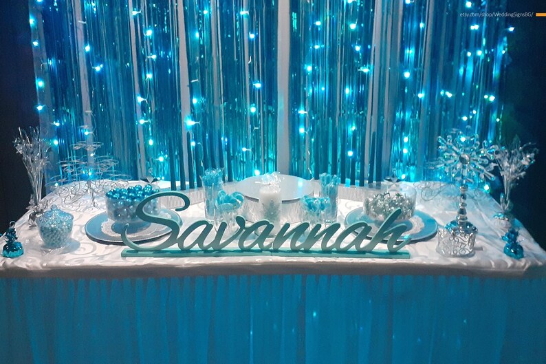 Custom wooden name sign in teal glitter finish with fairy lights, mis quince gift centerpiece
