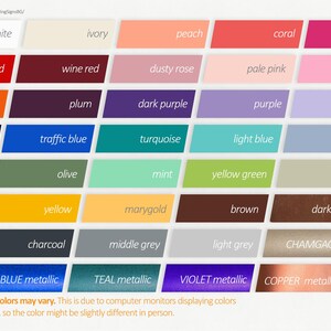 A color chart with 50 different colors, including white, red, orange, yellow, green, blue, purple, brown, grey, black, and metallic colors. The chart is labeled with the color names and includes a disclaimer that actual colors may vary due to computer monitor settings.