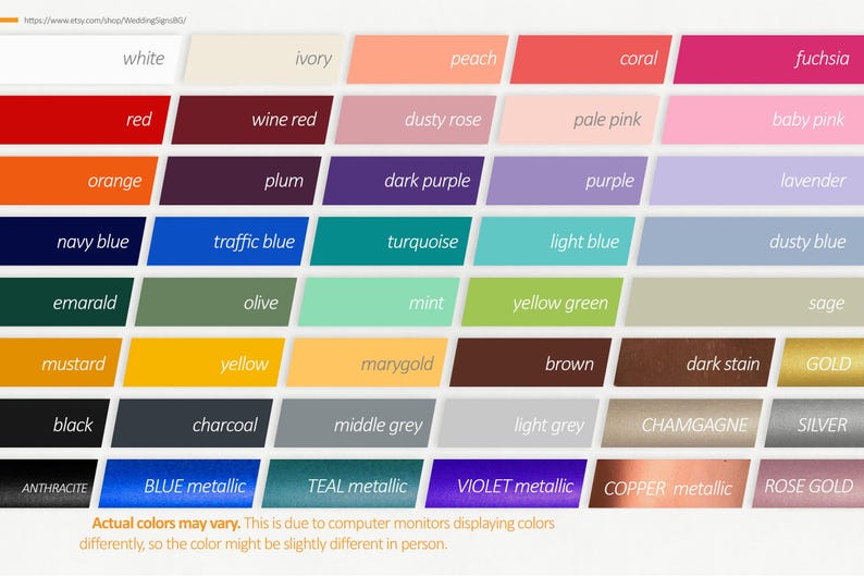 A color chart with 50 different colors, including white, red, orange, yellow, green, blue, purple, brown, grey, black, and metallic colors. The chart is labeled with the color names and includes a disclaimer that actual colors may vary due to computer monitor settings.