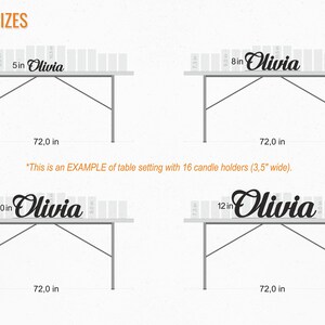 Four examples of table settings with a black cursive name sign that says "Olivia" in different sizes: 5 inches, 8 inches, 10 inches, and 12 inches. Each table is 72 inches wide and has 16 candle holders.