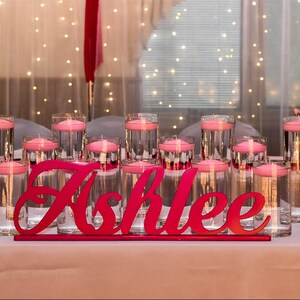 Personalized name sign in pink glitter finish with string lights, elegant Quinceañera gift keepsake