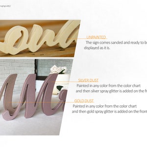 Puede incluir: Letreros de boda de madera con forma de las palabras "Love" y "Mr & Mrs". Los letreros est&aacute;n disponibles en acabados sin pintar, polvo de plata o polvo de oro.
